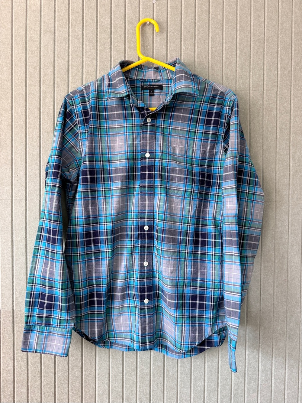 Banana Republic Cotton Blue and Teal Plaid Button-Down Shirt